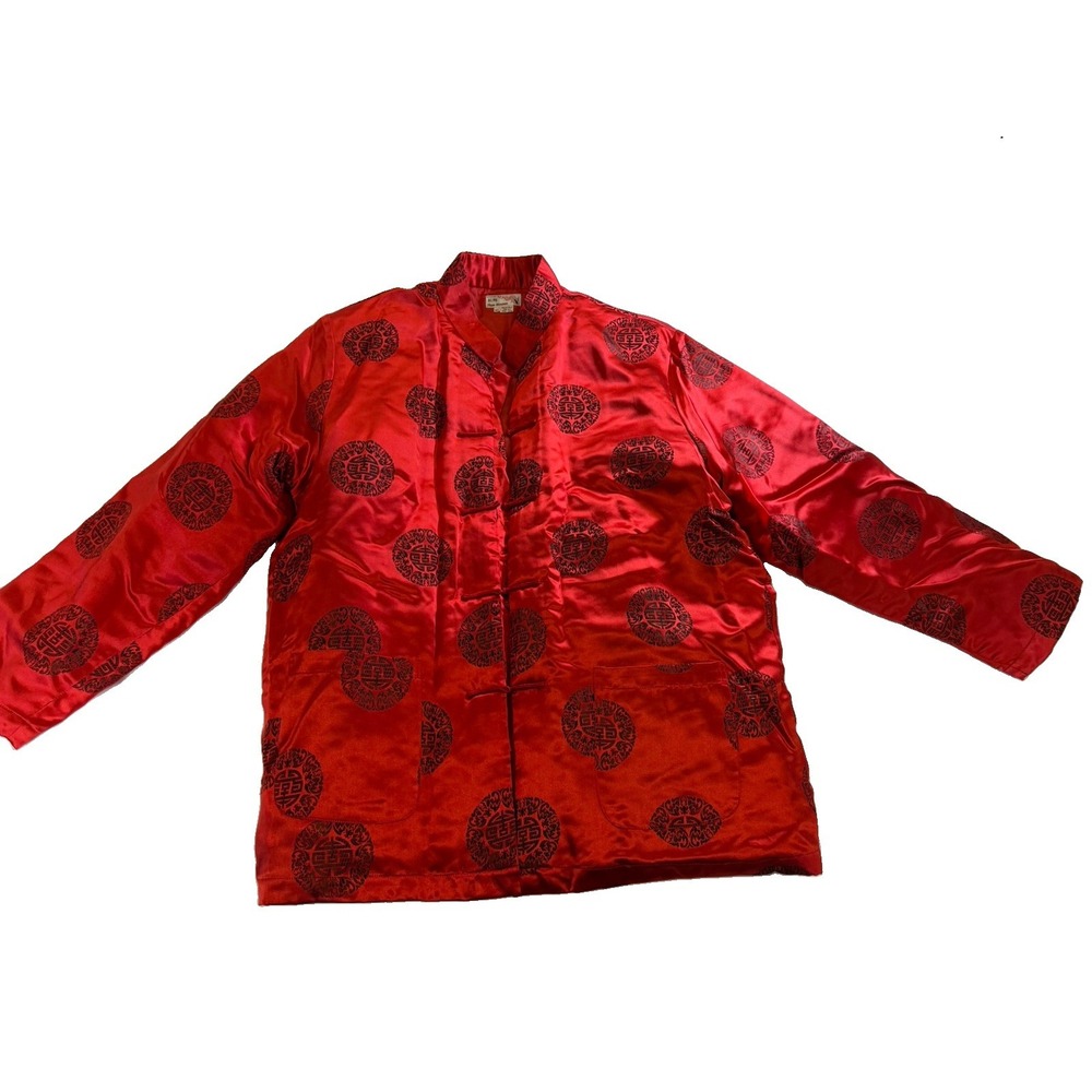 Vintage Plum Blossom 100% Pure Silk Jacket XL Red Black Chinese Shou Frog